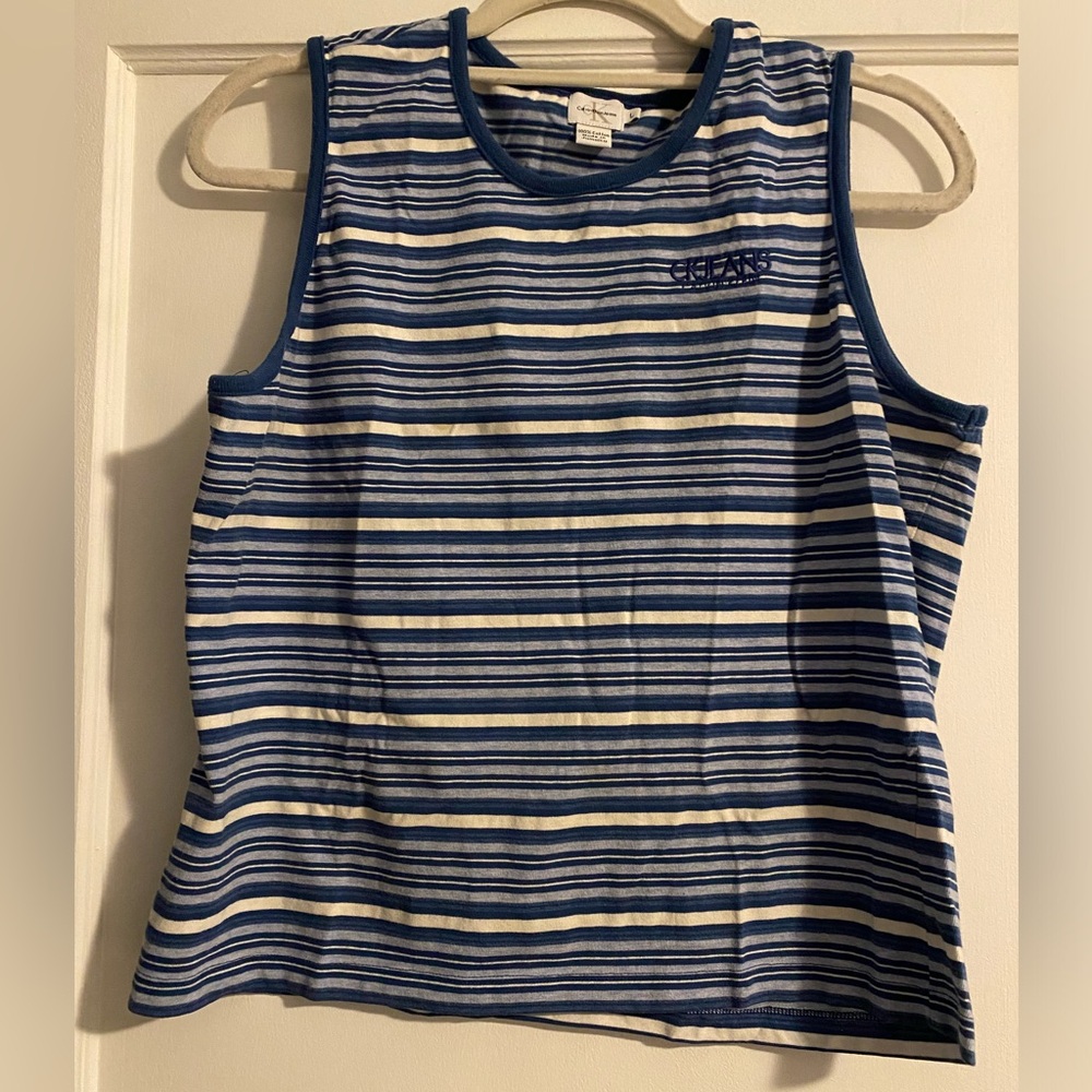 Y2K Calvin Klein CK Jeans Striped Ribbed Neck Tank Top Blue Super Rare
